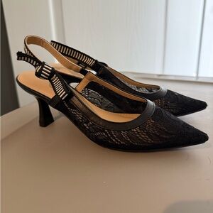 Black Lace Slingback Pointed-Toe Heels